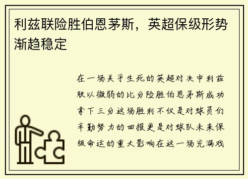 利兹联险胜伯恩茅斯，英超保级形势渐趋稳定